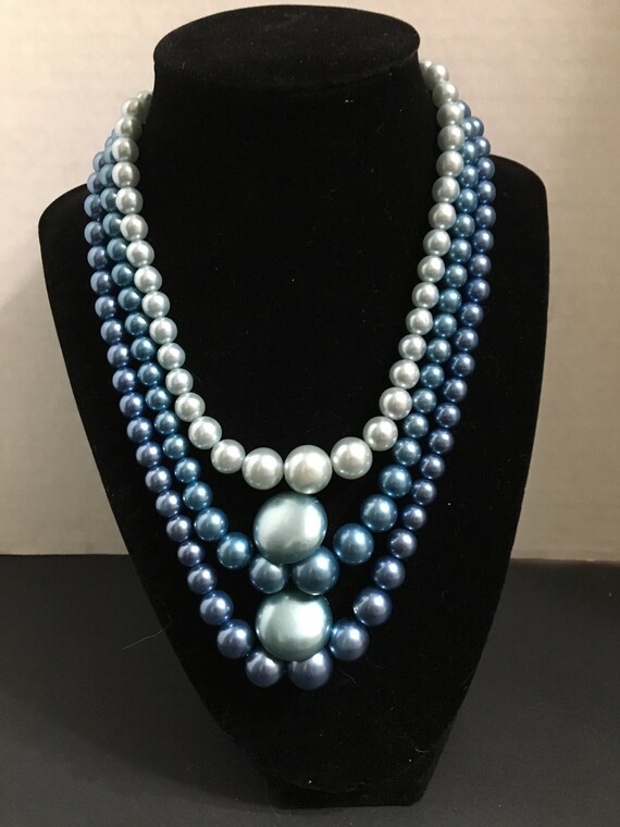 Blue Faux Pearl 3 Strand Necklace With Button Earrings - Etsy