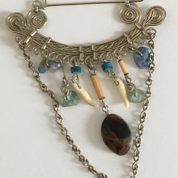 Shawl Pin with Dangling Gem Stones, Silver Wire Wrapped Shawl Pin