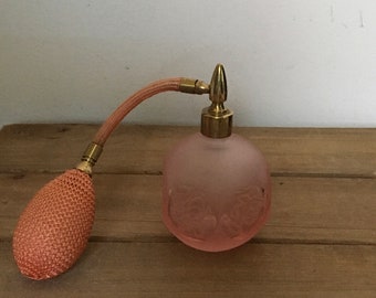 Pink Perfume Bottle, Vintage Refillable perfume Bottle, Etched Roses,