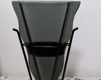 Tall Contemporary Slimline Glass Art Vase in a Black Metal Stand