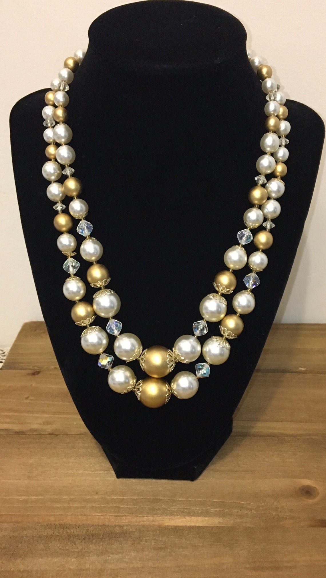 Two Strand Faux Pearl And Crystal Necklace Gold Tone Spacers Etsy