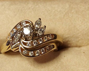 Ladies Diamond Engagement and Wedding Ring Set, White and Yellow Gold Wedding Set