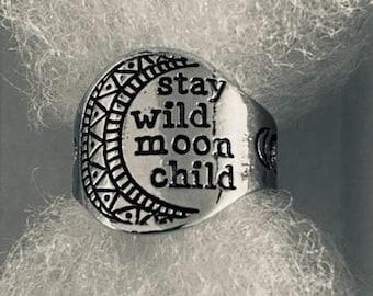 Stay Wild Moon Child Antique Silver Copper Accent Ring Triple Moon Goddess New Age Wiccan Pagan Green Witch