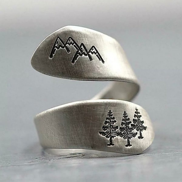 Mountain Trees Nature Sterling 925 Silver Plated Wrap Ring Spoon Style Jewelry Hiking Tree Hugger Lover Climber