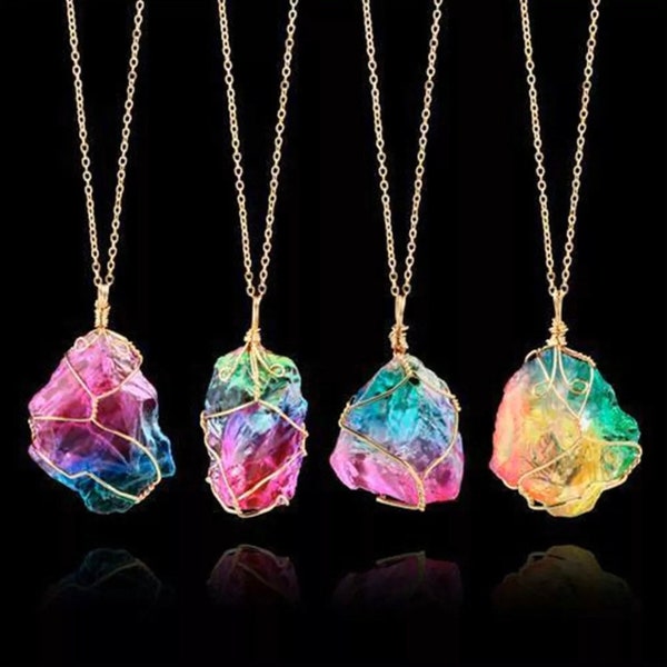 Rainbow Crystal Quartz Gemstone Necklace Jewelry Stone Gold Wrapped Alloy Chain PRIDE Chakra Gift