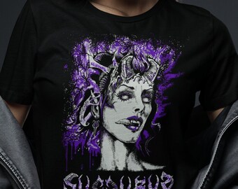 Succubus Graphic T-Shirt, Underworld Demon Portrait, Black Cotton