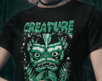 Black Lagoon Sea Creature Feature Monster TShirt, Classic 50s Horror Sci-Fi Graphic Tee, Mens Womens Unisex Short Sleeve Black Cotton Shirt