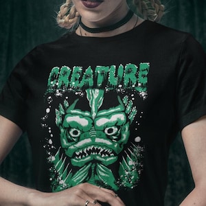 Black Lagoon Sea Creature Feature Monster TShirt, Classic 50s Horror Sci-Fi Graphic Tee, Mens Womens Unisex Short Sleeve Black Cotton Shirt