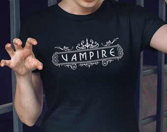 Vampire Typography T-Shirt, Soft Cotton Black Tee, Gothic Horror