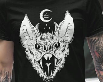Occult Bat Graphic Tee, Devil Horns, Fangs, Black Cotton Unisex T-Shirt