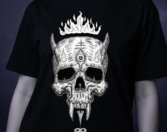 Occult Skull Graphic Tee, Horned Fangs Tattoo Art
