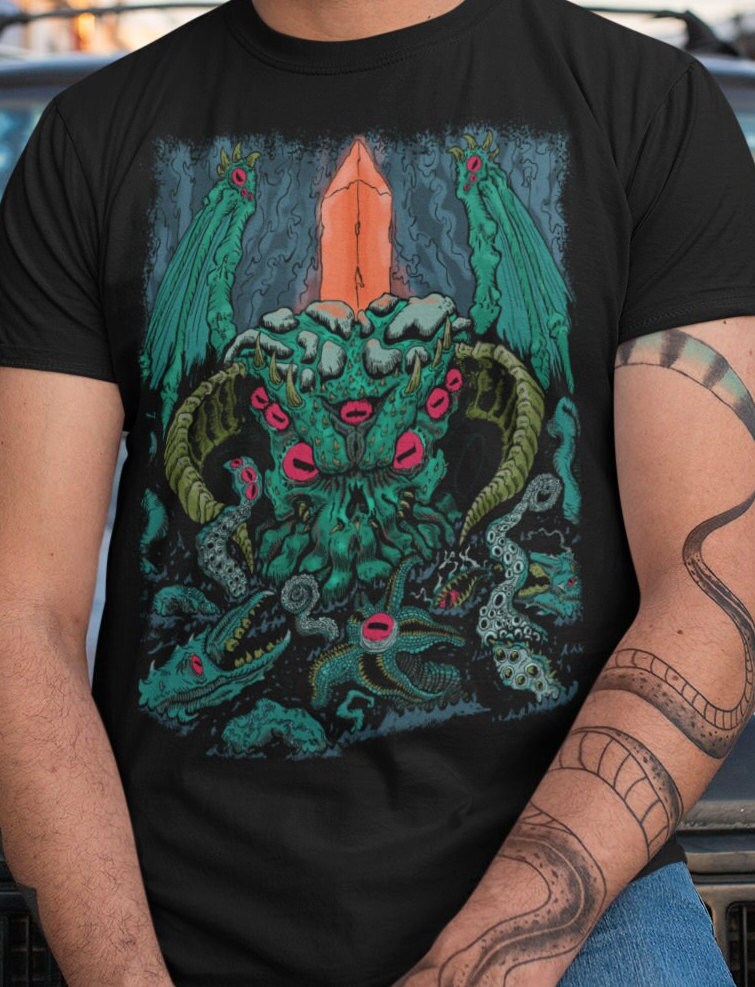 Cthulhu men women unisex t shirt, soft black cotton Tshirt, horror terror cosmic evil tee, dark sci fi cool comic original art top