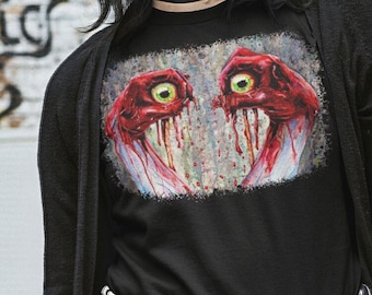 Creepy Strange bloody eyeball Thing Tshirt Creature Graphic Tee, Unique Mens Womens Unisex Cotton Short Sleeve black Tshirt horror terror