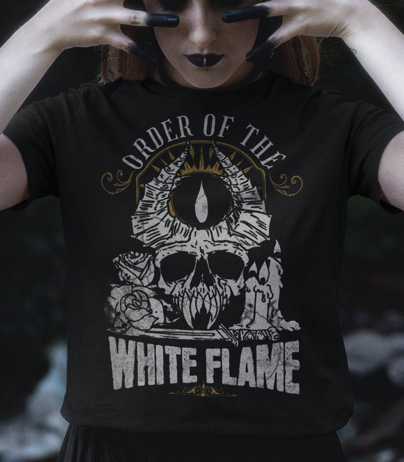 White Flame Demon Skull Altar Worship TShirt, Esoteric Occult Ritual Graphic Tee, Mens Guys Womens Ladies Unisex Short Sleeve Black Shirt