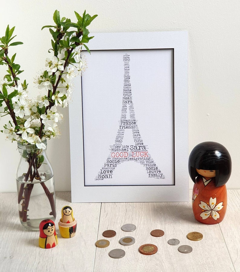 bon voyage print farewell good luck goodbye safe travels France Personalised word art Eiffel Tower emigrating gift adventure