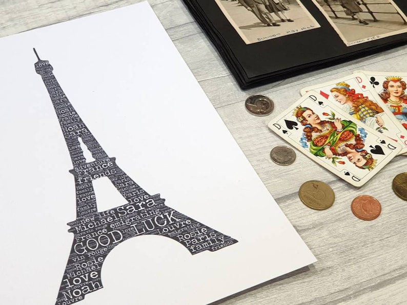 bon voyage print farewell good luck goodbye safe travels France Personalised word art Eiffel Tower emigrating gift adventure