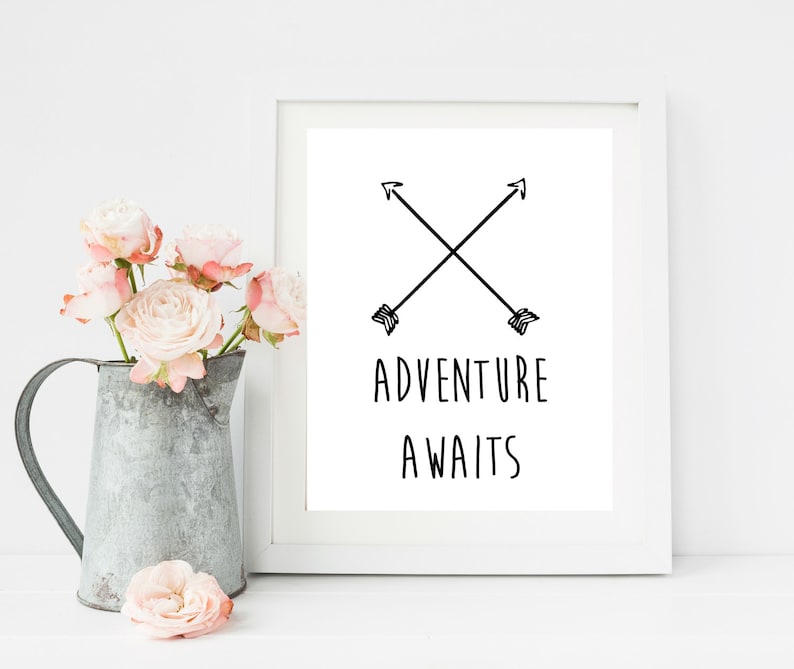Typography Prints Black and White Wall Art Adventure Awaits Adventure Nursery Decor Gift for Travel Playroom decor Adventure Print
