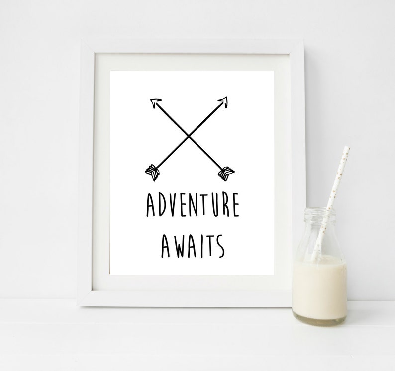 Typography Prints Black and White Wall Art Adventure Awaits Adventure Nursery Decor Gift for Travel Playroom decor Adventure Print