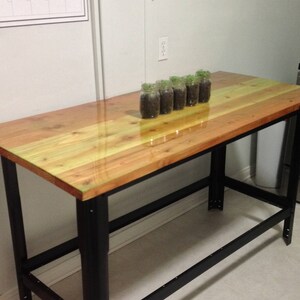 Op de afbeelding: Een houten tafel met een zwart metalen frame en een plank. Het tafelblad is gemaakt van houten planken en heeft een glanzende afwerking. Er staan vijf kleine glazen potten met planten die erin groeien op de tafel.