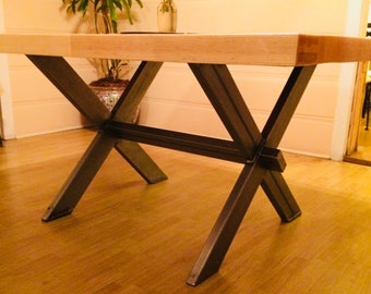 Thick farmhouse Butcher block table with Steel X frame base. High Gloss epoxy resinFinish