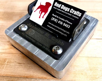 Welded Steel industrial Business card holder. Can be personalized.