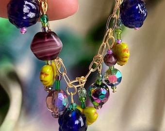 Brambly Hedge: Reworked Charm Bracelet - Vintage and antique glass, autumnal jewel tones, witchy cottagecore, gold plated chain