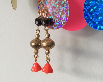 Stunning vintage lantern earrings - upcycled gold tone ornament charms, Czech glass and flower droplets. Black, red, goldstone.