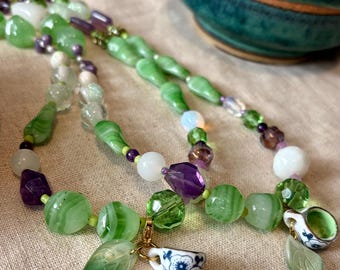 Perfect Blend - Bluberry Matcha vintage beaded necklace - Fresh greens, purple, whimsical, upcycled