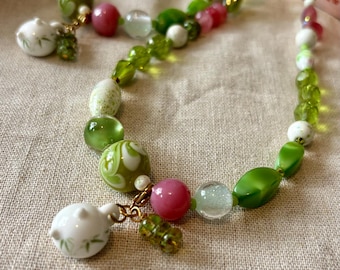 Perfect Blend - Strawberry Matcha vintage beaded necklace - Olive greens, pink, whimsical, upcycled