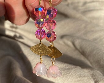 Friday, I'm in Love ~ Upcycled vintage dangle earrings, 1950s iridescent candy pink glass, flower drops, gold studs. Sustainable gift.