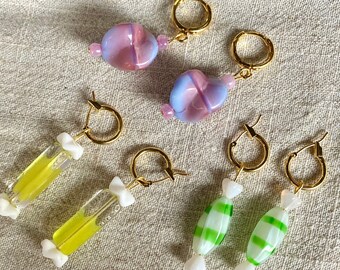 Sugar Rush ~Upcycled vintage dangle sweet earrings, Art Deco pink bubblegum glass, swirled lime, sherbet lemon, gold hoops. Sustainable gift
