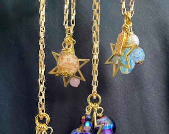 STARBURST - Vintage upcyled charm necklaces, antique glass, gemstones, stars. Maximalist celestial style, gold plated, sustainable gift.