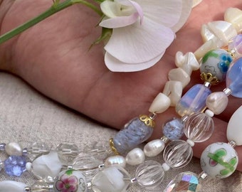 Something Old Something Blue ~ Reworked beaded Bridal bracelets - Antique white glass, porcelain, crystal, sustainable bridesmaid gift, 4-5