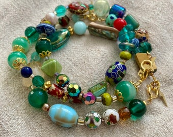 Lagoon ~ Reworked beaded bracelets - Vintage glass, porcelain, antique enamel,  maximalist vibrant jewel tones, gemstones, sustainable gift