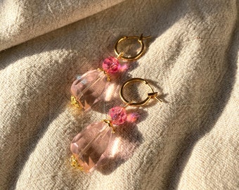 Friday, I'm in Love ~ Upcycled vintage earrings, 1950s iridescent glass, candy pink nugget, gold plated hoops. Sustainable valentines gift.