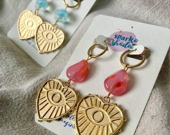 Lovers eye ~ Upcycled vintage pink or blue earrings, 1930-40s-50s glass, gold heart charms, evil eye, gold hoops. Sustainable gift.