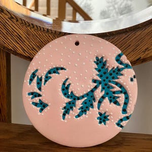 Art Deco Inspired Pink & Blue Circular Ceramic Wall Plaque/Hanging/Tile/Scottish Studio Art