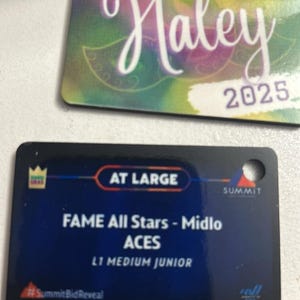 May include: A black and blue card with the text "AT LARGE" and "FAME All Stars - Midlo ACES" in white. The card also has the text "L1 MEDIUM JUNIOR" and "#SummitBidReveal" in white. The card has a small hole in the top right corner.