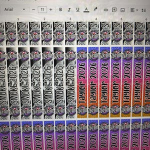 Può includere: Una collezione di adesivi verticali con le parole "World" e "Smoke 2026" in vari colori, tra cui nero, argento e viola. Alcuni adesivi presentano il nome "Taylor 2026" in arancione e rosa. Gli adesivi hanno un effetto glitterato.
