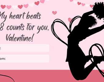 Cheerleading: mijn hart klopt in acht tellen voor jou, downloadbare valentijnskaart, met en zonder poms
