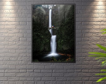 Nature Landscape Print | Printable Art | Waterfall Wall Art | Pacific Northwest Print | Multnomah Falls Print | Rainbow Umbrella Wall Art