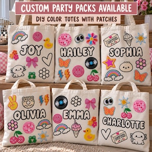 May include: Six off-white canvas tote bags featuring colorful embroidered patches and personalized names including Joy, Hailey, Sophia, Olivia, Emma, and Charlotte. The patches depict various icons like rainbows, flowers, hearts, and animals.