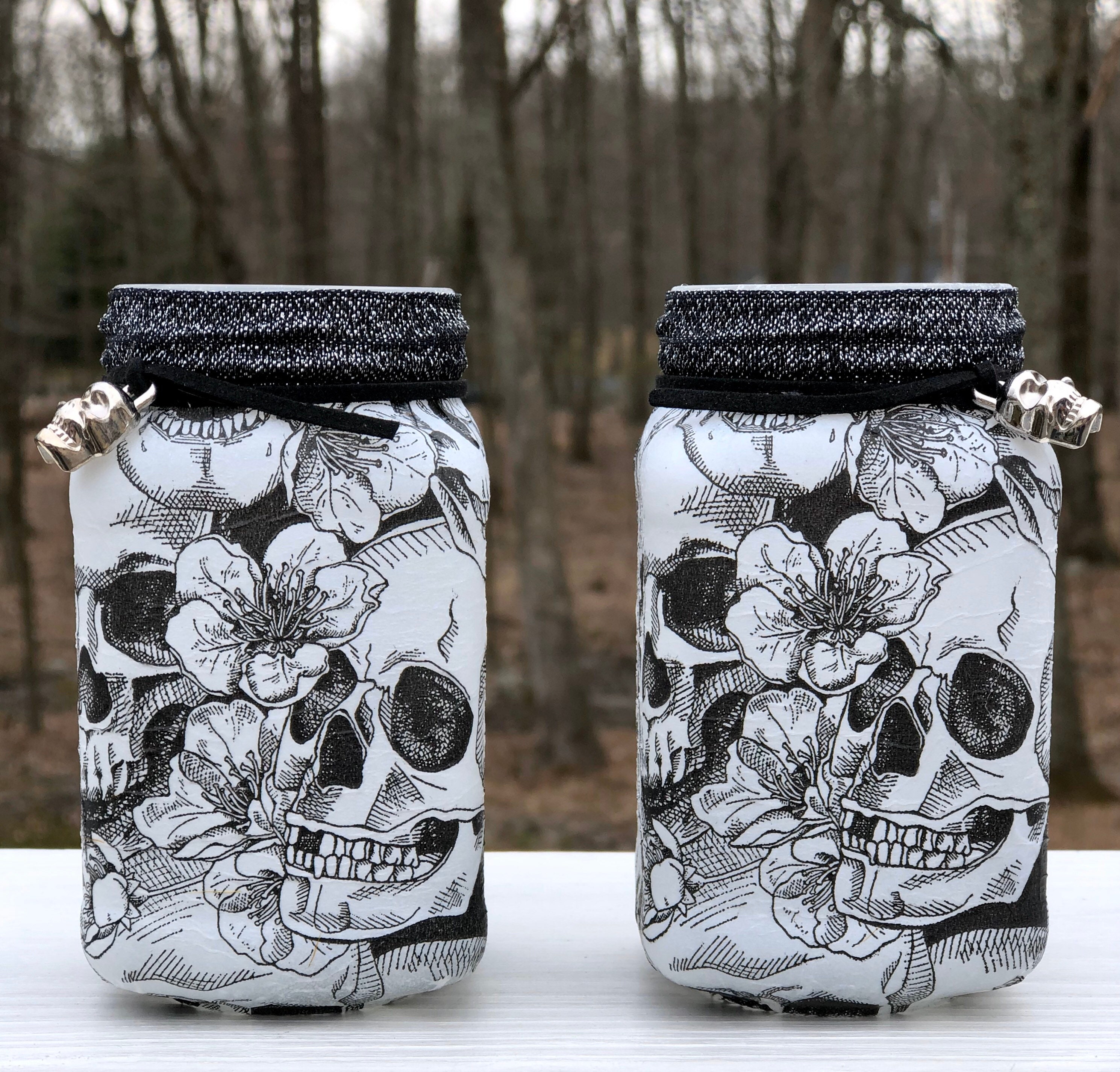 Black and white lighted skull jar set, sugar skull jars, lighted jars