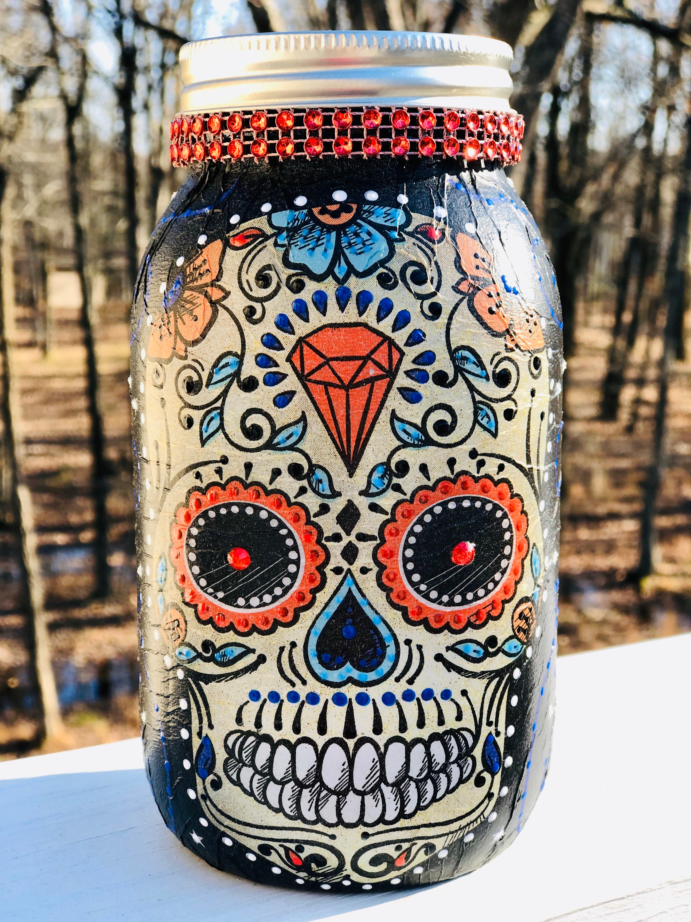 lighted red eyed sugar skull jar, sugar skull jars, lighted jars