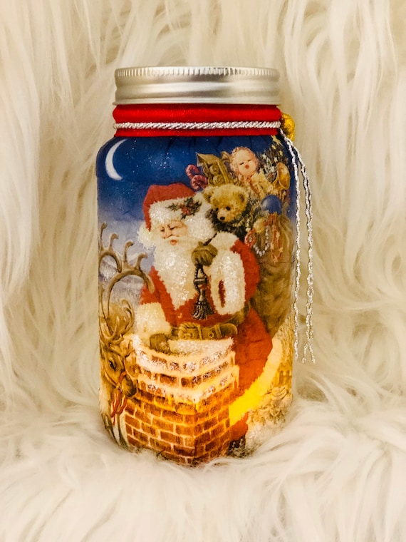 Lighted rooftop Santa jar, lighted jars, jar lights, lighted bottles, Christmas jars, Santa jar, Christmas decor