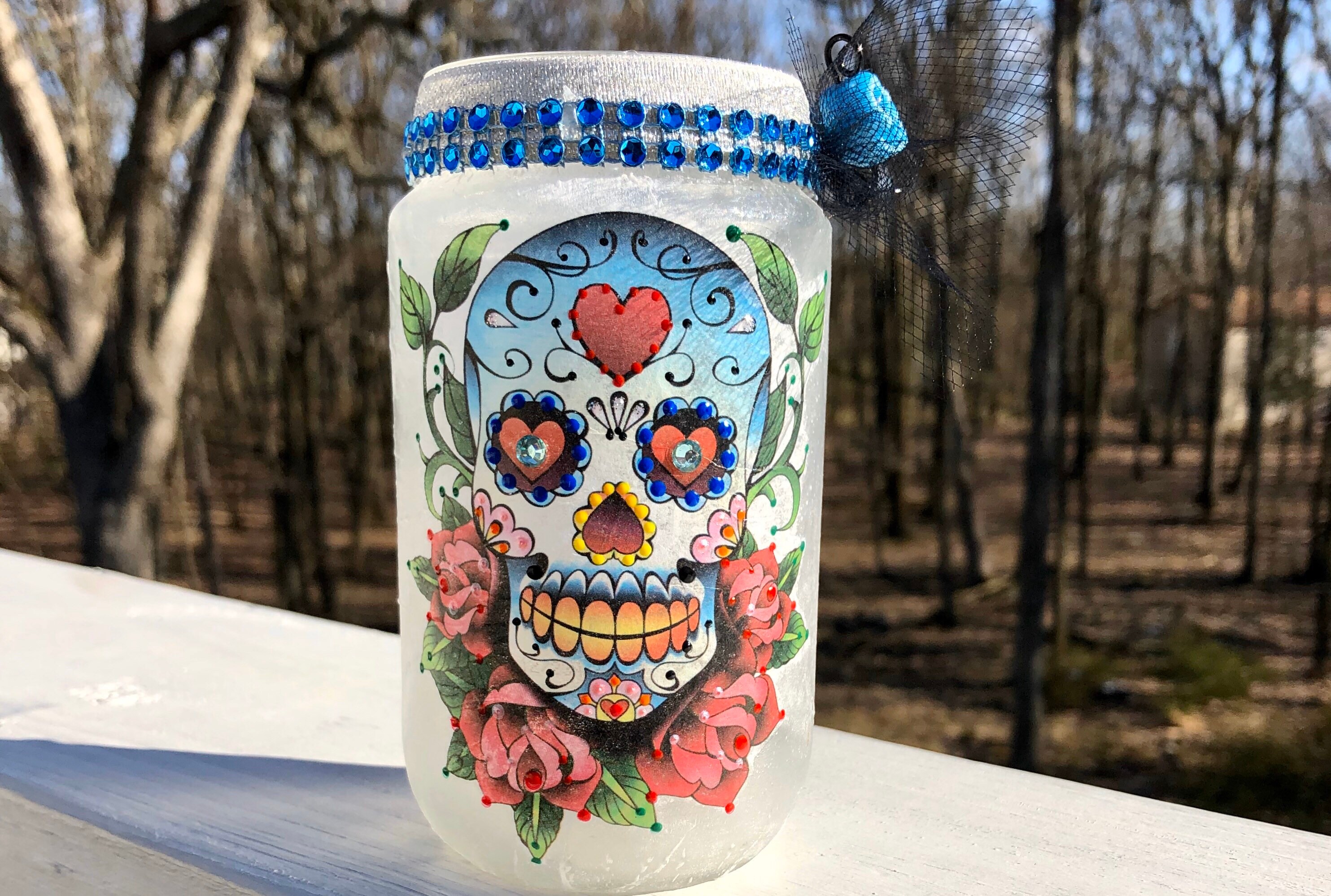 Baby blue eyed lighted sugar skull jar, sugar skull jars, lighted jars
