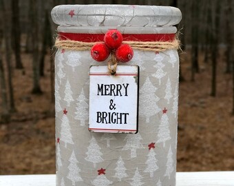 Merry and bright gray lighted jar, lighted jars, lighted bottles, Christmas jars, jar lights, Christmas decor, lighted Christmas jars