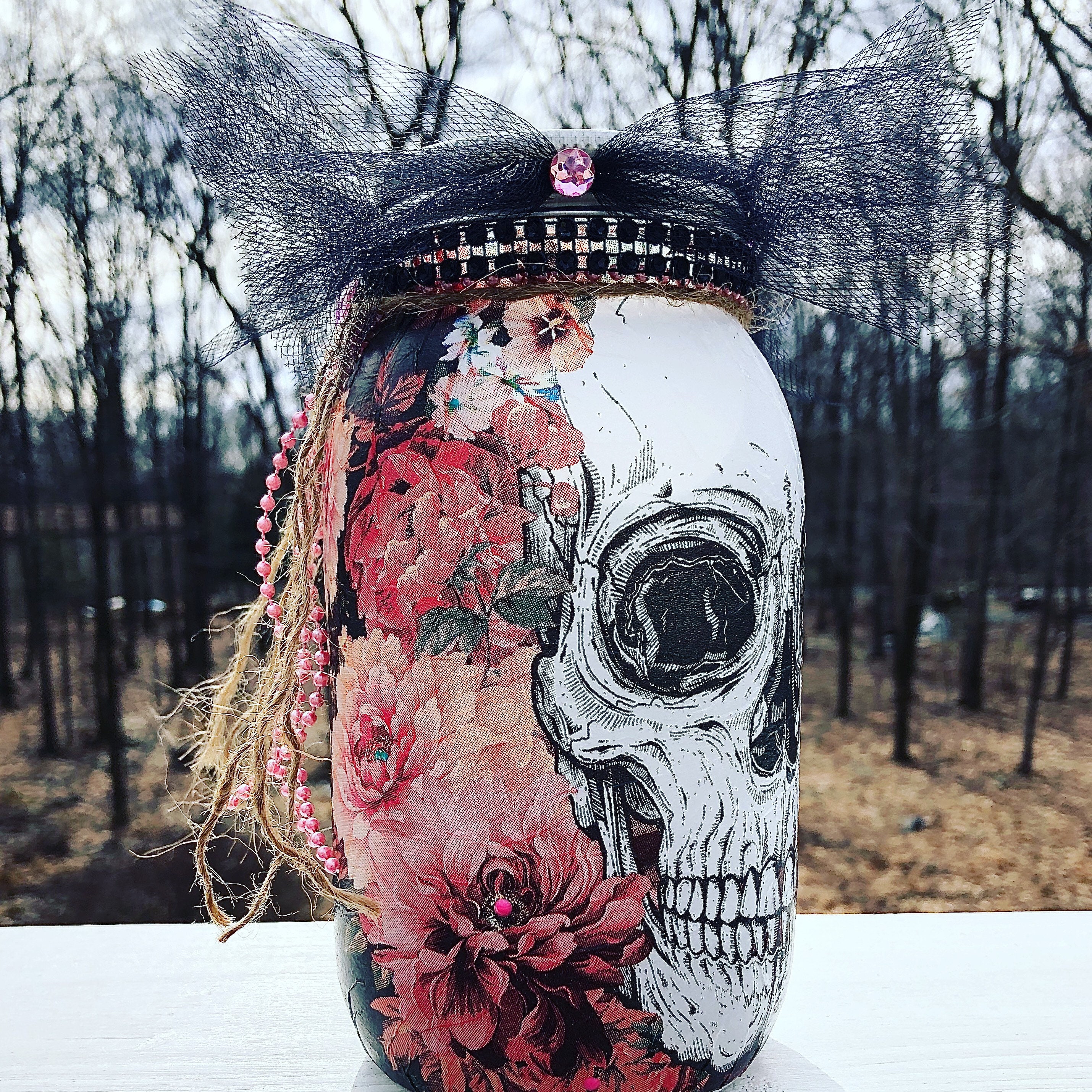 Shabby chic lighted skull jar, lighted jars, lighted bottles, jar