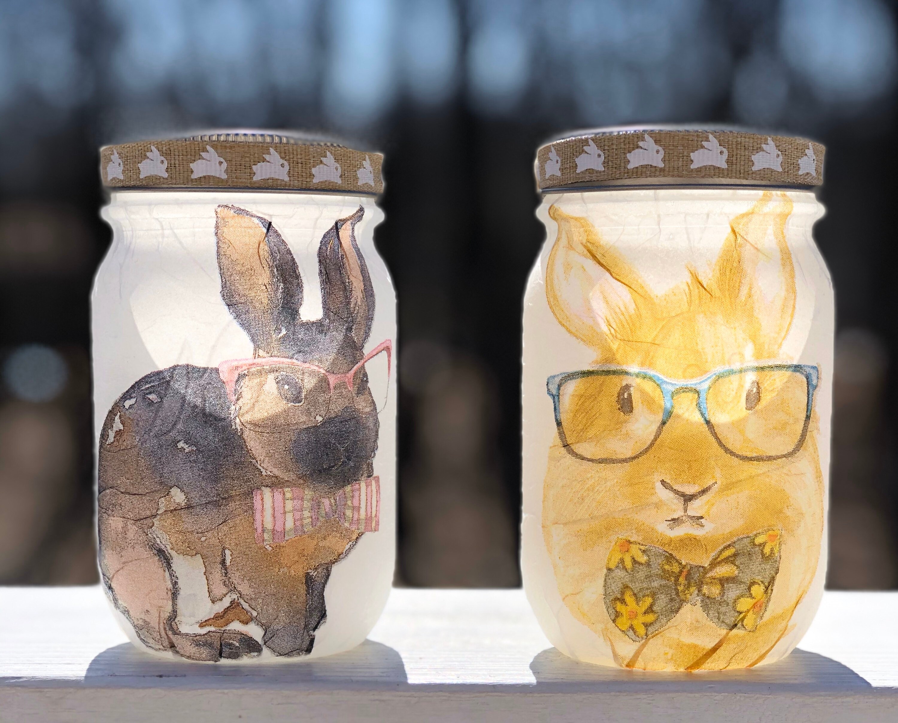 Smart lighted bunny jars, lighted jars, lighted bottles, jar lights