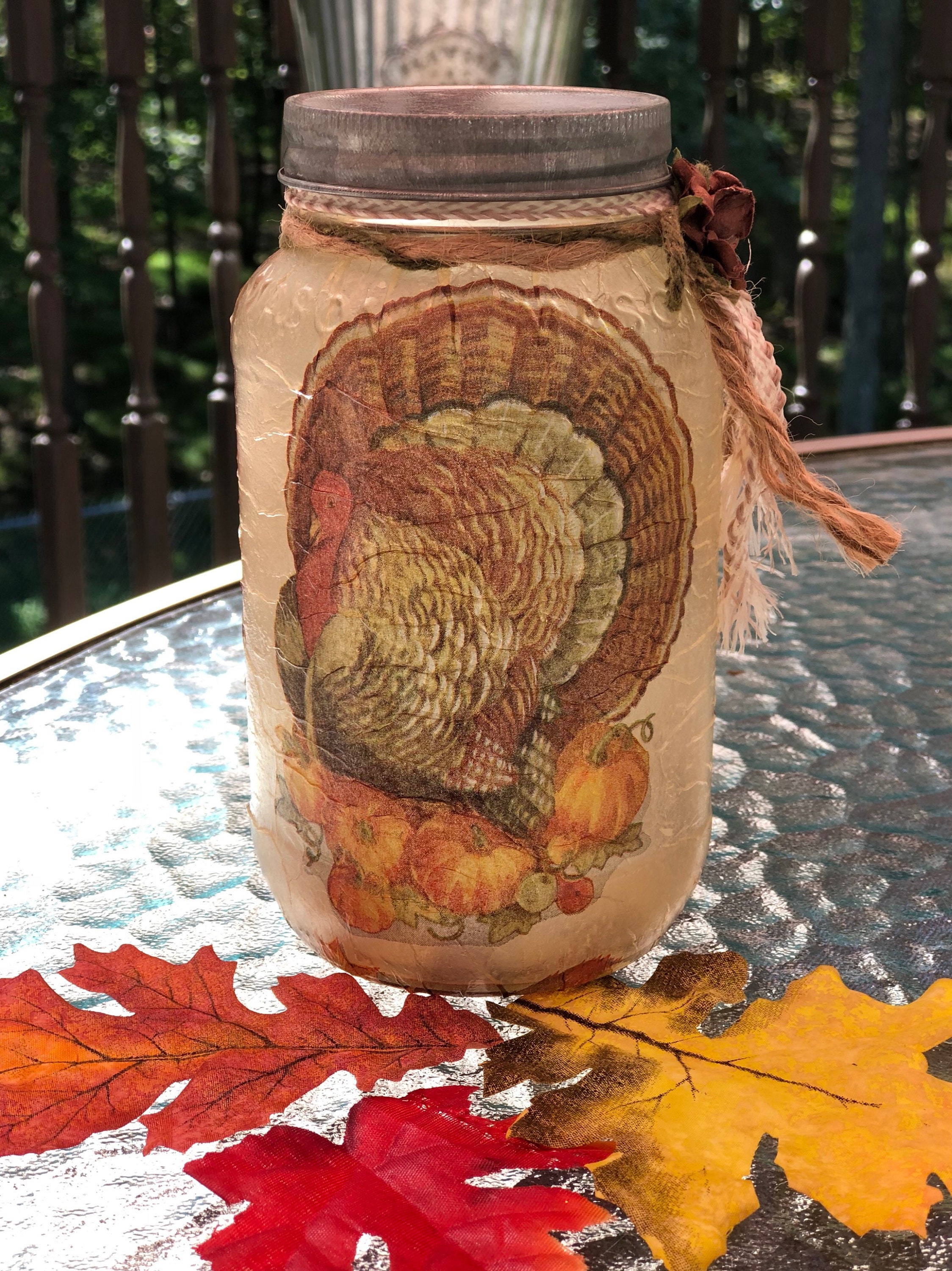 Turkey lighted jar, lighted jars, lighted bottles, Thanksgiving jars